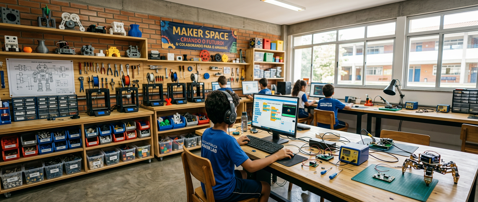 Child programming robot project on computer in Maker Lab classroom
