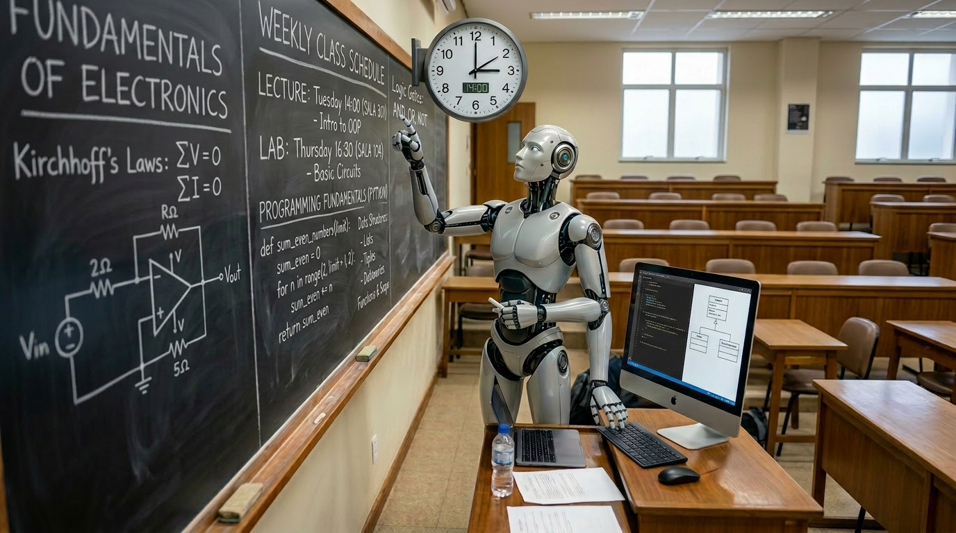 Professor pointing to weekly schedule on chalkboard in classroom