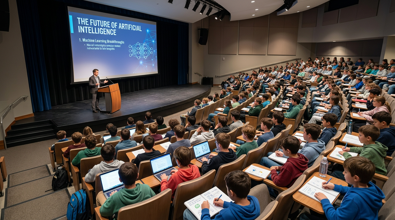 Speaker delivering lecture on artificial intelligence and machine learning breakthroughs to students in a large auditorium